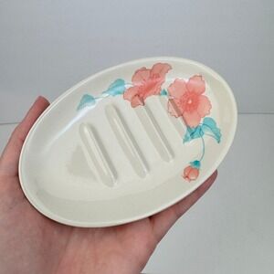Vtg Ceramic Bar Soap Oval Holder Dish Pink Flower Floral Design Drainage Ridges